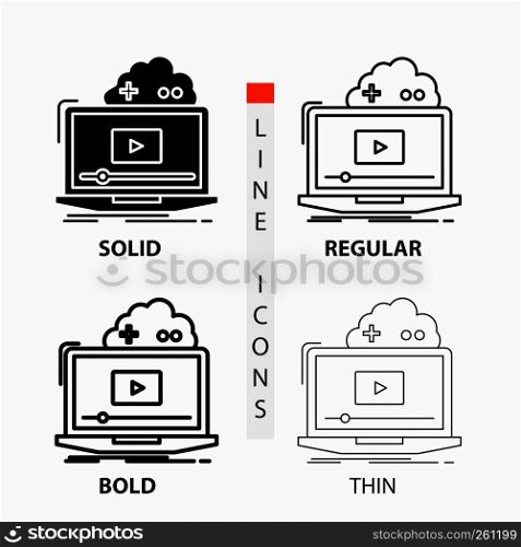 Cloud, game, online, streaming, video Icon in Thin, Regular, Bold Line and Glyph Style. Vector illustration