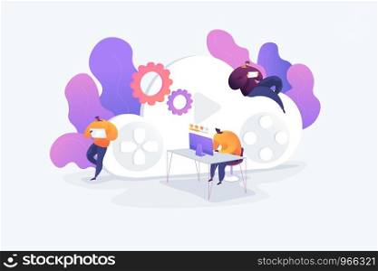 Cloud gaming and gaming on demand, video and file streaming, various devices gaming concept. Vector isolated concept illustration with tiny people and floral elements. Hero image for website.. Cloud gaming vector illustration.