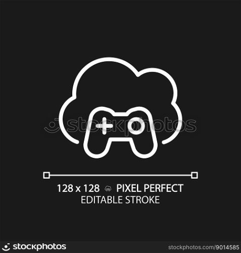 Cloud gaming pixel perfect white linear icon for dark theme. Play video games on virtual server. Amusement technology. Thin line illustration. Isolated symbol for night mode. Editable stroke. Cloud gaming pixel perfect white linear icon for dark theme