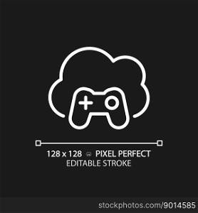 Cloud gaming pixel perfect white linear icon for dark theme. Play video games on virtual server. Amusement technology. Thin line illustration. Isolated symbol for night mode. Editable stroke. Cloud gaming pixel perfect white linear icon for dark theme