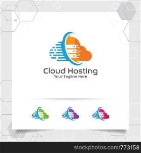 Cloud hosting logo vector design with concept of server and cloud icon illustration for hosting provider, server rack, and sharing storage.
