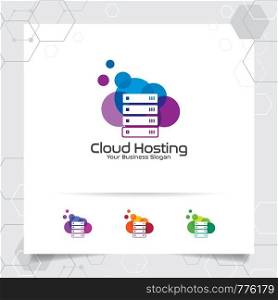 Cloud hosting logo vector design with concept of server and cloud icon illustration for hosting provider, server rack, and sharing storage.
