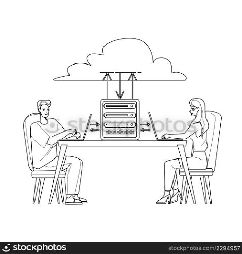 Cloud Hosting Storage Service Using People Black Line Pencil Drawing Vector. Cloud Hosting Data Server Use Man And Woman Users For Uploading And Downloading Computer Digital Files. Characters. Cloud Hosting Storage Service Using People Vector