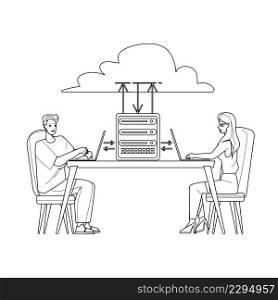 Cloud Hosting Storage Service Using People Black Line Pencil Drawing Vector. Cloud Hosting Data Server Use Man And Woman Users For Uploading And Downloading Computer Digital Files. Characters. Cloud Hosting Storage Service Using People Vector