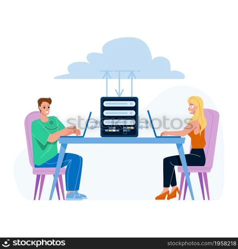 Cloud Hosting Storage Service Using People Vector. Cloud Hosting Data Server Use Man And Woman Users For Uploading And Downloading Computer Digital Files. Characters Flat Cartoon Illustration. Cloud Hosting Storage Service Using People Vector