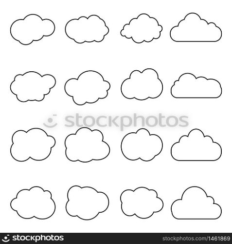 Cloud icon in line style. Set of art clouds shape in flat linear style. Outline simple black cloud of sky. Storage solution databases, software image, cloud and meteorology concept. vector eps10. Cloud icon in line style. Set of art clouds shape in flat linear style. Outline simple black cloud of sky. Storage solution databases, software image, cloud and meteorology concept. vector