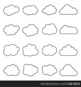 Cloud icon in line style. Set of art clouds shape in flat linear style. Outline simple black cloud of sky. Storage solution databases, software image, cloud and meteorology concept. vector eps10. Cloud icon in line style. Set of art clouds shape in flat linear style. Outline simple black cloud of sky. Storage solution databases, software image, cloud and meteorology concept. vector