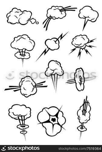 Cloud icons in cartoon comic book style. Isolated cumulus clouds outline in various shapes and forms of smoke puff, steam vapor, fume, explosion, thunderbolt. Cloud icons in cartoon comic book style