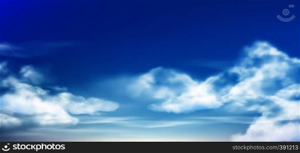 Cloud in blue sky. Fluffy clouds in cloudy daytime skies. Realistic white clouds, cumulus heaven cloud or cloudy sky vector background illustration. Cloud in blue sky. Fluffy clouds in cloudy daytime skies. Realistic white clouds vector background illustration