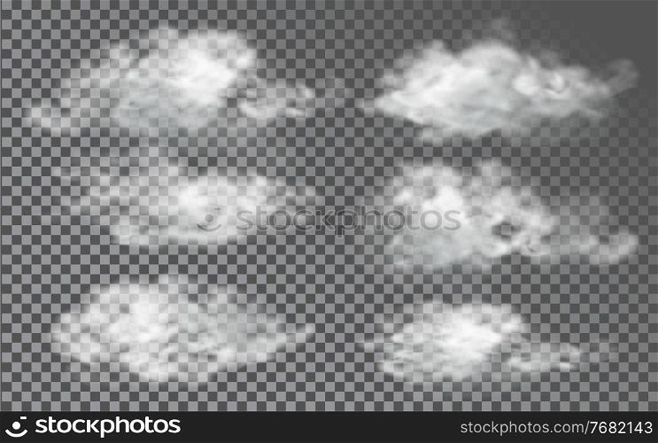 Cloud in realistic style on transparent background. Abstract clouds set. Vector design template. Fog effect.. Cloud in realistic style on transparent background. Abstract clouds set. Vector design template.