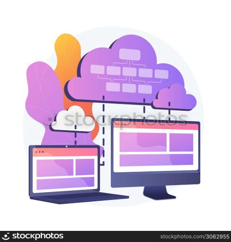 Cloud information storage. Collocated cloud computing. Data synchronization and harmonization. Available, accesssible, digital. Connected backup. Vector isolated concept metaphor illustration. Cloud information storage vector concept metaphor