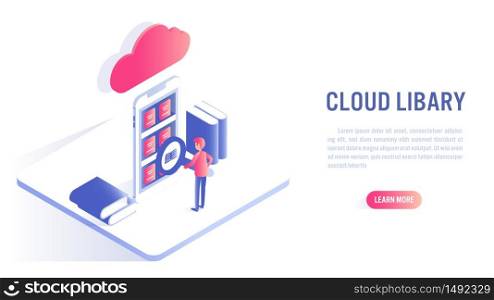 Cloud library and Online Education Concept. Tiny man standing in front of giant mobile screen and shelf of books.Isometric flat vector design.