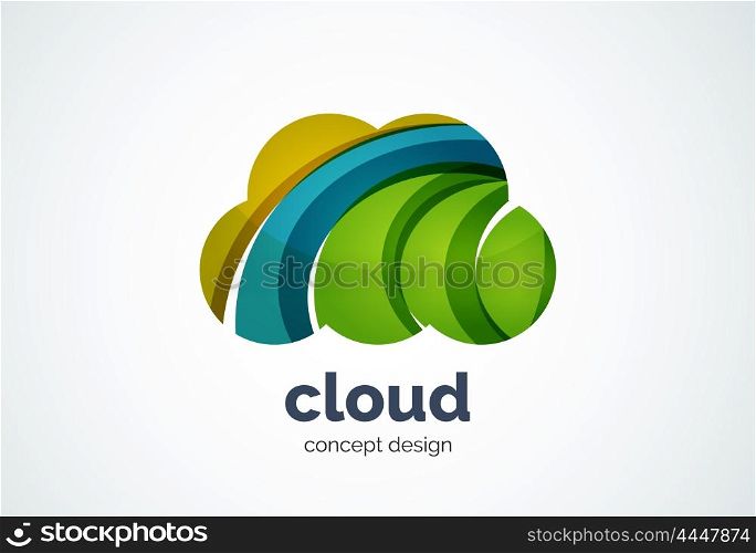 Cloud logo template, remote hard drive storage or weather concept - geometric minimal style, created with overlapping curve elements and waves. Corporate identity emblem, abstract business company branding element