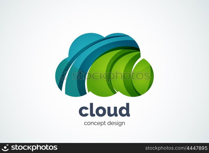 Cloud logo template, remote hard drive storage or weather concept - geometric minimal style, created with overlapping curve elements and waves. Corporate identity emblem, abstract business company branding element