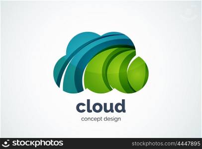 Cloud logo template, remote hard drive storage or weather concept - geometric minimal style, created with overlapping curve elements and waves. Corporate identity emblem, abstract business company branding element