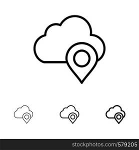 Cloud, Map, Pin, Marker Bold and thin black line icon set