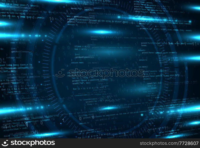 Cloud network, information storage or coding vector background. Computer science, virtual reality and software development backdrop with app, program and binary code lines, neon blue light flares. Cloud network storage and programming background