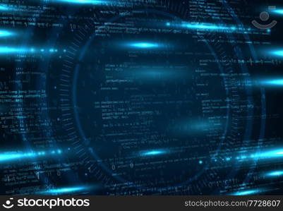 Cloud network, information storage or coding vector background. Computer science, virtual reality and software development backdrop with app, program and binary code lines, neon blue light flares. Cloud network storage and programming background