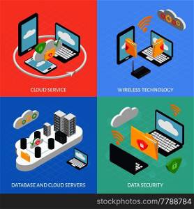  Cloud office isometric concept icons set with database symbols isolated vector illustration.  Cloud Office Concept Icons Set