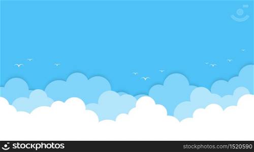 Cloud on high top blue sky outdoor with white birds flying cartoon paper background vector flat design illustration