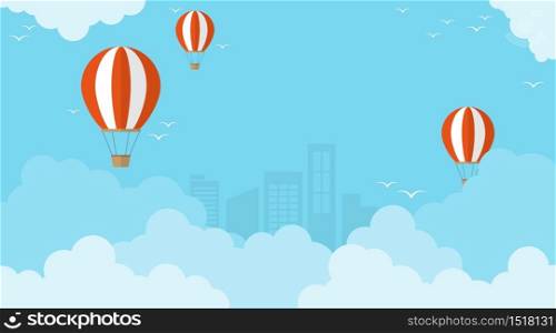 Cloud on top blue sky with white and red color balloons flat design cartoon style and many birds flying vector background illustration behind is a city view