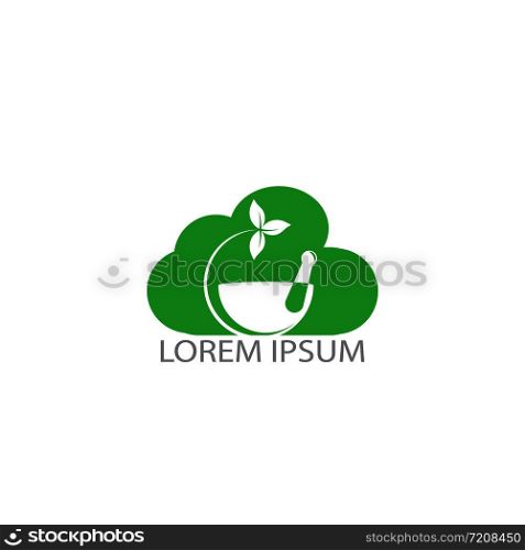 Cloud Pharmacy medical logo design. Natural mortar and pestle logotype, medicine herbal illustration symbol icon vector design.