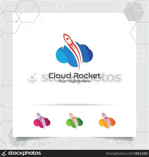 Cloud rocket logo design with concept of colorful cloud vector illustration for hosting provider, server rack, and sharing storage.