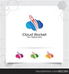 Cloud rocket logo design with concept of colorful cloud vector illustration for hosting provider, server rack, and sharing storage.