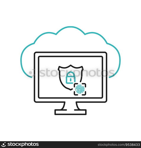 Cloud Security Line Icon on Computer Screen. Data Cloud Security. Cloud Icon Locked with Biometric Fingerprint Padlock. Information Safety. Protected Cloud Computing Service. Vector illustration.. Cloud Security Line Icon on Computer Screen. Data Cloud Security. Cloud Icon Locked with Biometric Fingerprint Padlock. Information Safety. Protected Cloud Computing Service. Vector illustration