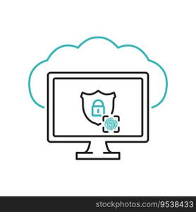 Cloud Security Line Icon on Computer Screen. Data Cloud Security. Cloud Icon Locked with Biometric Fingerprint Padlock. Information Safety. Protected Cloud Computing Service. Vector illustration.. Cloud Security Line Icon on Computer Screen. Data Cloud Security. Cloud Icon Locked with Biometric Fingerprint Padlock. Information Safety. Protected Cloud Computing Service. Vector illustration