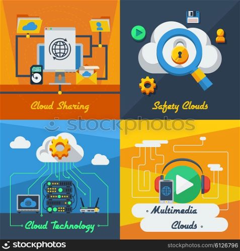 Cloud Service 2x2 Design Concept . Cloud service 2x2 flat design concept set of technology sharing safety and multimedia resources vector illustration