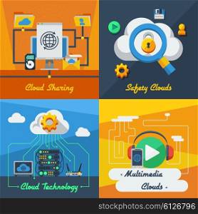 Cloud Service 2x2 Design Concept . Cloud service 2x2 flat design concept set of technology sharing safety and multimedia resources vector illustration