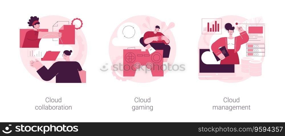 Cloud service abstract concept vector illustration set. Cloud collaboration, online gaming platform, system management, data storage, video and file streaming, remote business abstract metaphor.. Cloud service abstract concept vector illustrations.