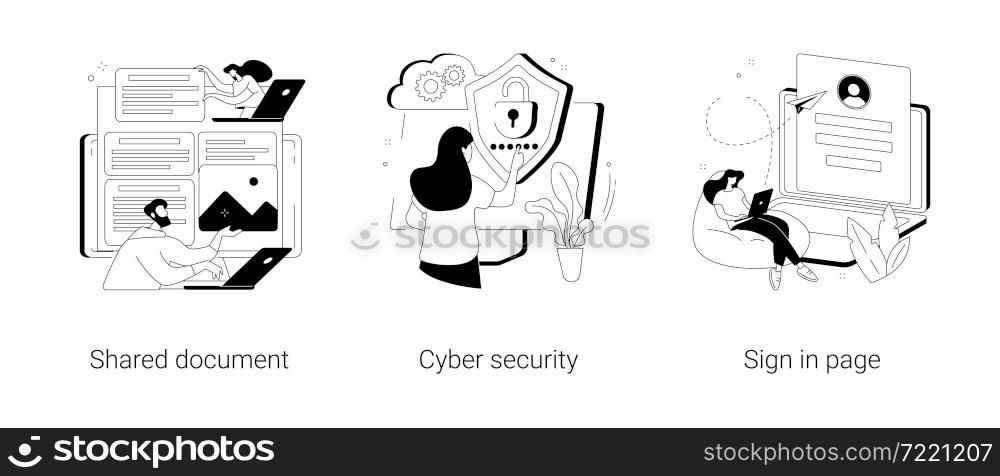 Cloud service access abstract concept vector illustration set. Shared document, cyber security, sign in page, public folder access, editing online, data protection, user login abstract metaphor.. Cloud service access abstract concept vector illustrations.