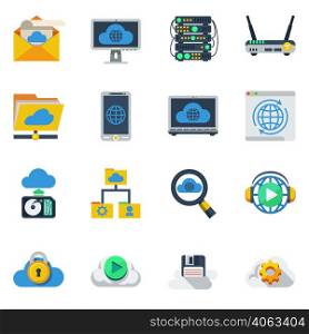 Cloud service flat color icons set of router smartphone laptop hub diskette sim card isolated vector illustration . Cloud Service Flat Color Icons