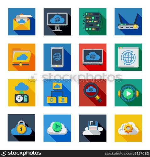 Cloud Service Icons In Colorful Squares . Cloud service icons in isolated colorful squares with smartphone server rack laptop padlock symbols flat shadow vector illustration