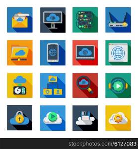 Cloud Service Icons In Colorful Squares . Cloud service icons in isolated colorful squares with smartphone server rack laptop padlock symbols flat shadow vector illustration