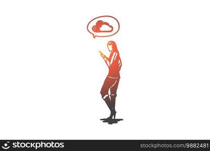 Cloud, service, internet, network, technology concept. Hand drawn woman with smartphone use cloud technology concept sketch. Isolated vector illustration.. Cloud, service, internet, network, technology concept. Hand drawn isolated vector.