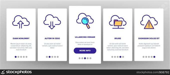 Cloud Service Onboarding Mobile App Page Screen Vector Thin Line. Cloud Data And Technology Internet Networking Elements Linear Pictograms. Digital Files Storage Contour Illustrations. Cloud Service Onboarding Vector