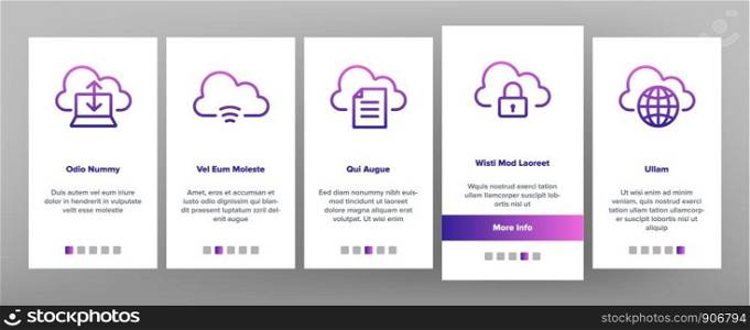 Cloud Service Onboarding Mobile App Page Screen Vector Thin Line. Cloud Data And Technology Internet Networking Elements Linear Pictograms. Digital Files Storage Contour Illustrations. Cloud Service Onboarding Vector