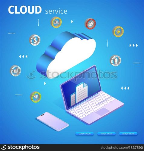 Cloud Service Square Banner, Copy Space. Computing Service Concept. Laptop and Web Server. Data Storage. Abstract Tech Pattern. Blue Neon Glowing Gradient Background. 3D Isometric Vector Illustration.. Computing Service Concept. Laptop and Web Server.