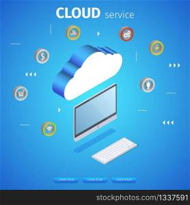 Cloud Service Square Banner with Copy Space. Computing Technology Users Network Configuration PC Monitor and Application Icons on Blue Neon Glowing Gradient Background 3D Isometric Vector Illustration. Cloud Service Square Banner. Computing Technology.
