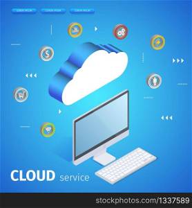 Cloud Service Square Banner with Copy Space. Modern Cloud Technology and Networking Concept. Internet Data Services. Computer Connected with Cloud Storage. App Icons. 3D Isometric Vector Illustration.. Modern Cloud Technology and Networking Concept.