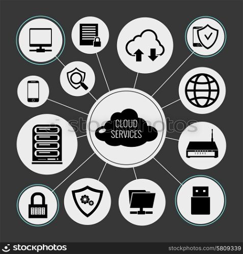 Cloud services concept with data network technologies symbols vector illustration. Cloud Services Concept