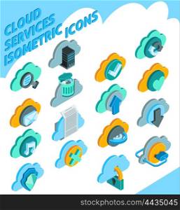 Cloud Services Icons Set . Cloud services isometric icons set with information storage symbols isolated vector illustration
