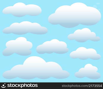 Cloud set on blue background vector illustration. Collection of white fluffy clouds. A natural phenomenon. Cloud set on blue background vector illustration