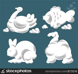 Cloud silhouettes of animals, fish and birds. Vector cartoon set of cloud swan, turtle or camel and rabbit bunny. Vector silhouettes of clouds fish, animal and bird