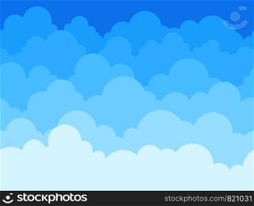 Cloud sky cartoon background. Blue sky with white clouds flat poster or flyer, cloudscape panorama pattern vector seamless colored abstract fluffy texture. Cloud sky cartoon background. Blue sky with white clouds flat poster or flyer, cloudscape panorama pattern vector seamless texture