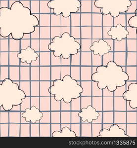 Cloud sky seamless pattern on stripes background in retro style. Vintage cloudy texture wallpaper. Cute doodle vector illustration. Design for fabric, textile print, wrapping paper, childish textiles.. Cloud sky seamless pattern on stripes background in retro style. Vintage cloudy texture wallpaper.