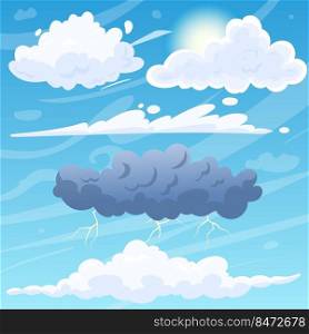 cloud sky set cartoon vector weather art, heaven storm, nature rain, air dream flat cartoon color illustration. cloud sky cartoon vector